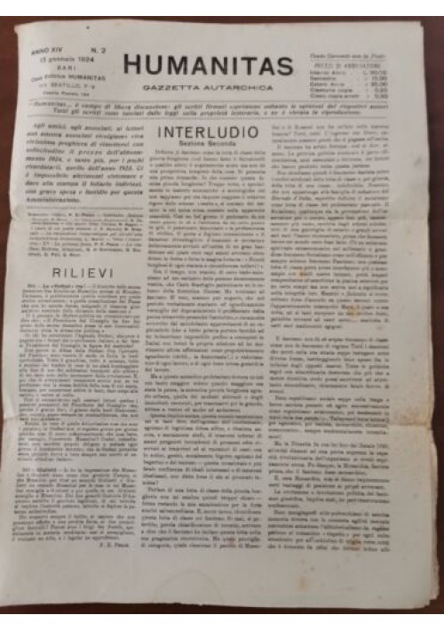 HUMANITAS Gazzetta autarchica 13 gennaio 1924 Bari giornale anarchismo Vintage