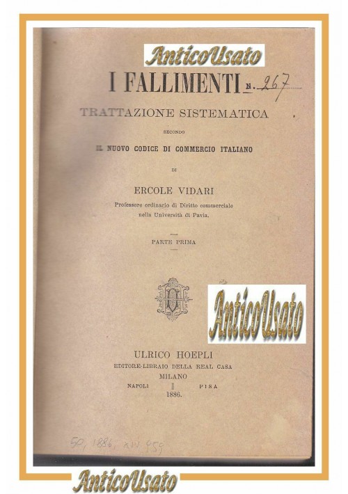 I FALLIMENTI trattazione sistematica di Ercole Vidari 1886 Hoepli libro antico 