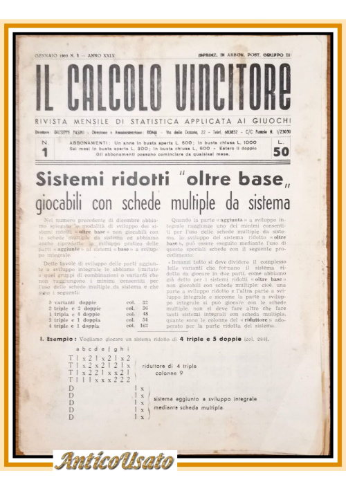 IL CALCOLO VINCITORE rivista di statistica applicata ai giochi Lotto 1953 numeri