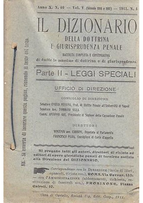 IL DIZIONARIO  DOTTRINA E GIURISPRUDENZA PENALE PARTE II LEGGI SPECIALI 1911