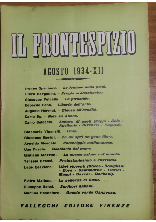 IL FRONTESPIZIO agosto 1934 Rivista letteratura Bargellini Bo Betocchi Moscato
