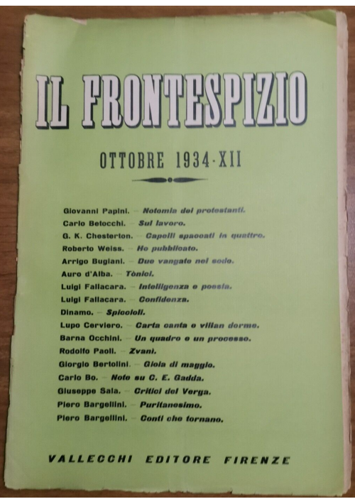 IL FRONTESPIZIO ottobre 1934 Rivista letteratura Papini Fallacara Bo Bargellini