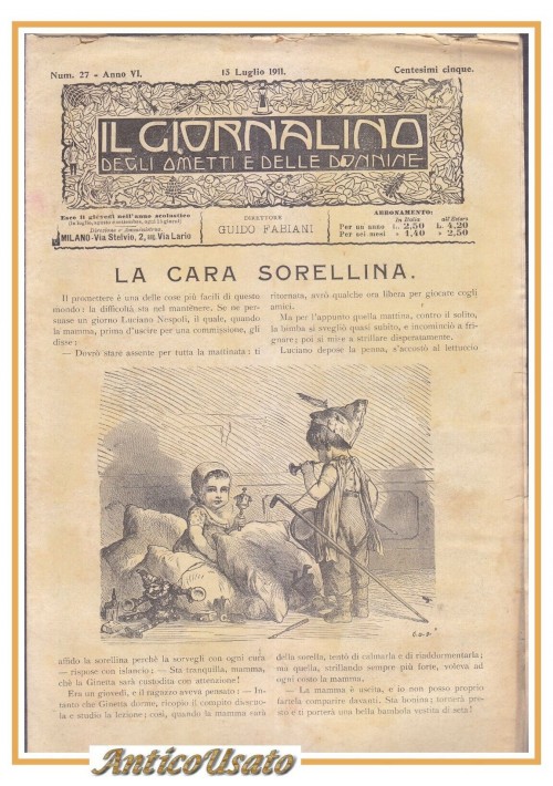 ESAURITO - IL GIORNALINO DEGLI OMETTI E DELLE DONNINE 15 luglio 1911 giornale bambini antic