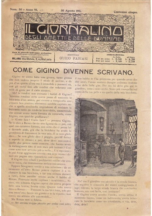 IL GIORNALINO DEGLI OMETTI E DELLE DONNINE 30 agosto 1911 bambini antico