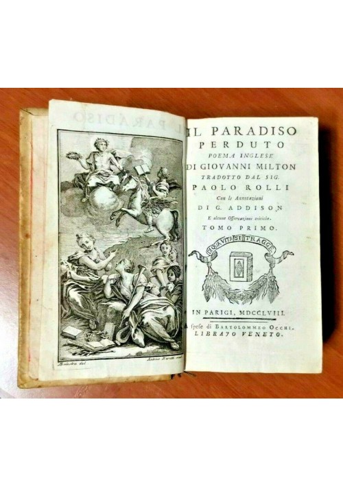 IL PARADISO PERDUTO di Giovanni Milton 1758 2 vol Occhi Libro antico illustrato 