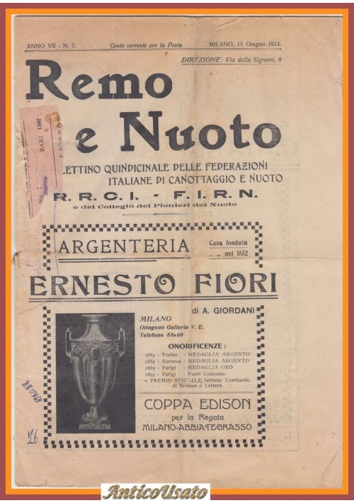 IL REMO bollettino del canottaggio italiano 15 giugno 1914 Rivista nuoto vintage