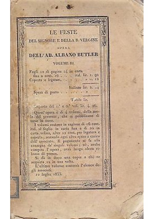 LE FESTE DEL SIGNORE E DELLA BEATA VERGINE volume III Di Albano Butler 1833