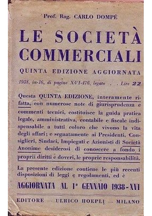 LE SOCIETÀ COMMERCIALI del Prof. Rag. Carlo Dompè - 1938 Hoepli manuali