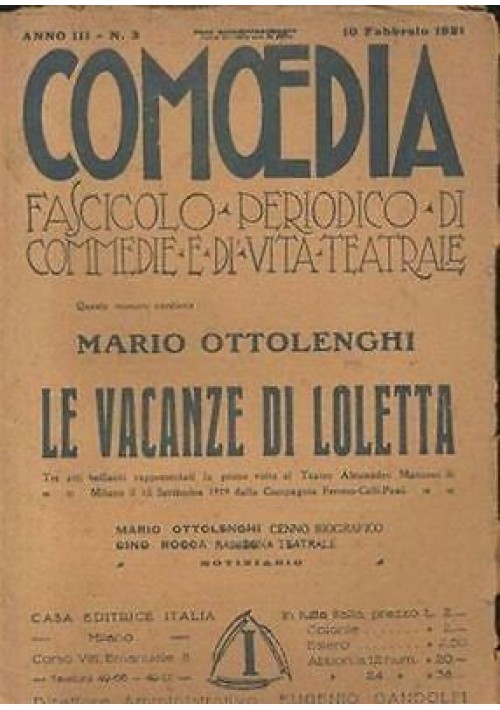 LE VACANZE DI LOLETTA commedia di Mario Ottolenghi -Comoedia a.3 n.3 10/02/1921 