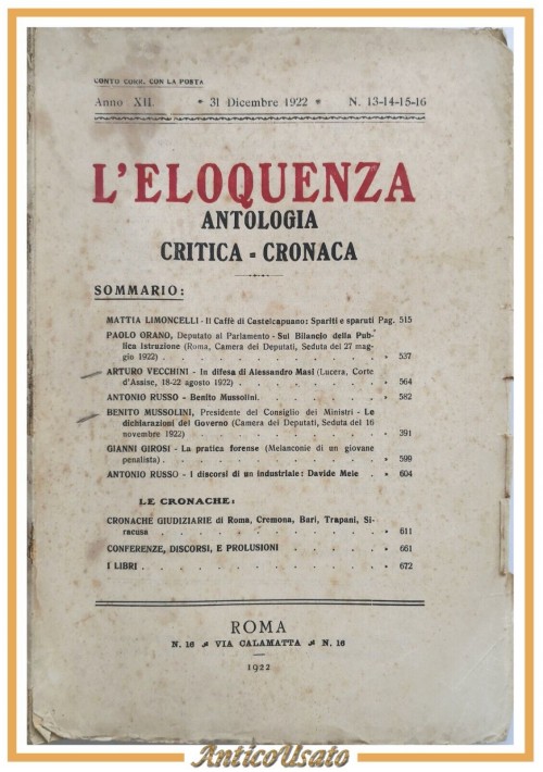 L'ELOQUENZA Numero 13 14 15 16 ANTOLOGIA CRITICA CRONACA 1922 rivista diritto