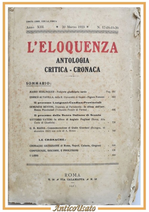 L'ELOQUENZA Numero 17 a 20 ANTOLOGIA CRITICA CRONACA marzo 1923 rivista diritto