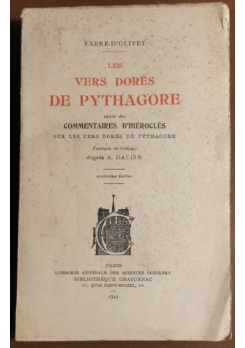 LES VERS DORES DE PYTHAGORE di Fabre D'Olivet 1923 libro scienze occulte Chacornac