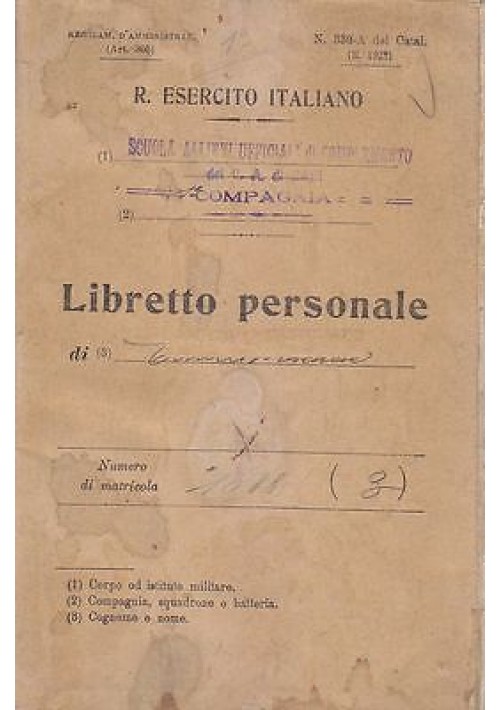 LIBRETTO PERSONALE 1927 Regio esercito italiano scuola allievi ufficiali complem