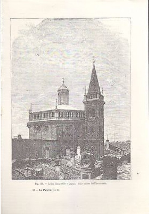 LODI CAMPANILE E CUPOLA DELLA CHIESA DELL'INCORONATA  incisione originale 1902 