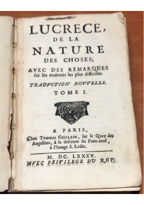 LUCRECE DE LA NATURE DES CHOSES tomo I 1685 Thomas Guillain Libro Antico Paris