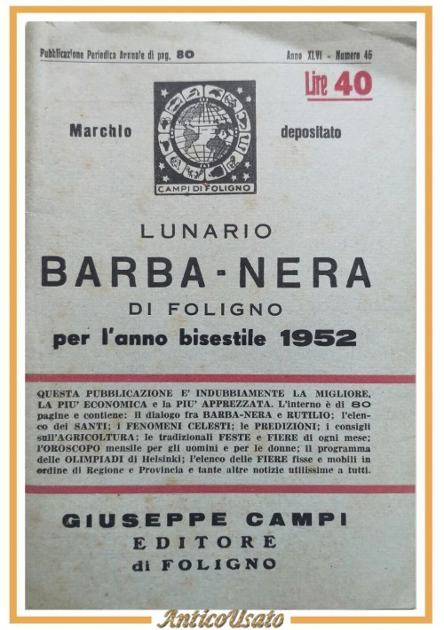 LUNARIO BARBA NERA DI FOLIGNO per anno 1952 Giuseppe Campi 1951  libro barbanera