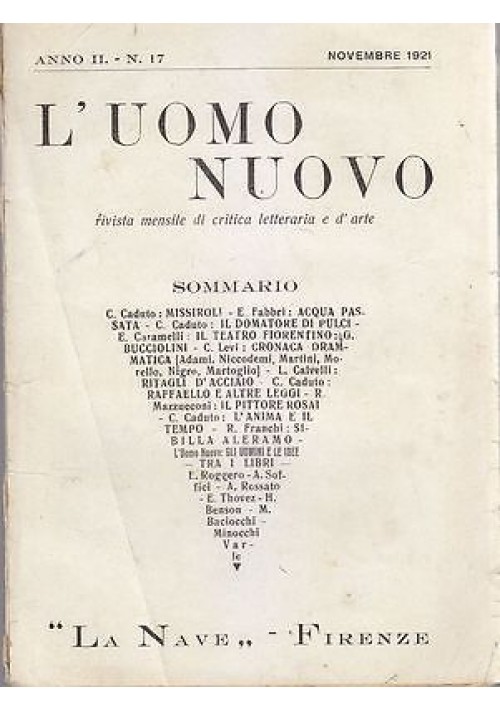 L'UOMO NUOVO RIVISTA MENSILE DI CRITICA LETTERARIA - Anno II N.17 Novembre 1921 