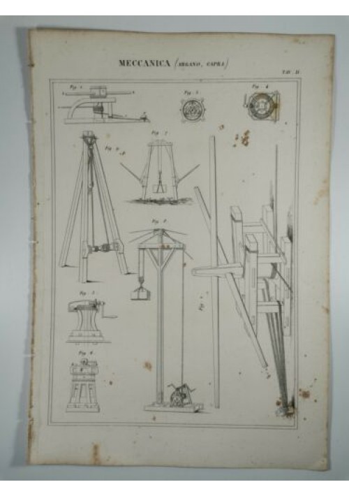 MECCANICA ARGANO CAPRA Incisione Stampa Rame 1866 Tavola Originale antica