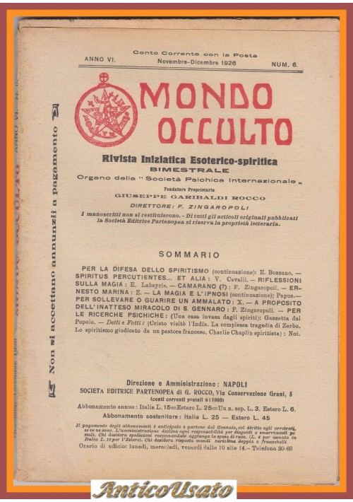 MONDO OCCULTO rivista iniziatica esoterico spiritica novembre 1926 Magia Ipnosi