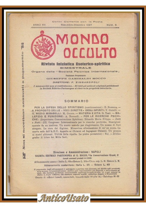 MONDO OCCULTO rivista iniziatica esoterico spiritica novembre 1927 Mirabelli