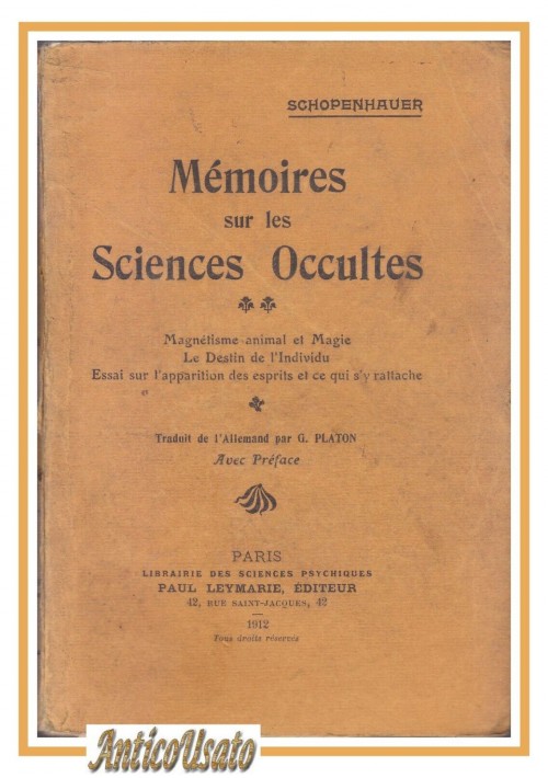 Memoires sur les Sciences Occultes di Schopenhauer 1912 libro esoterismo magia
