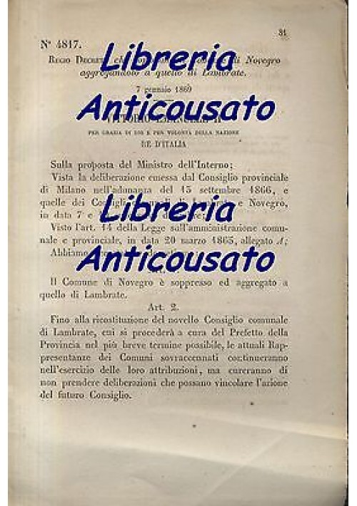 NOVEGRO SOPPRESSO REGIO DECRETO 1869  AGGREGATO A LAMBRATE Originale Antico