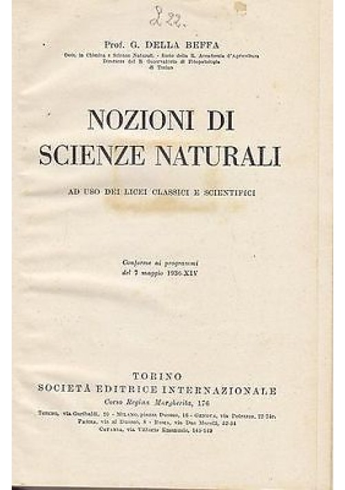 NOZIONI DI SCIENZE NATURALI di  G. Della Beffa - 1937 SEI