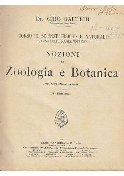 NOZIONI DI ZOOLOGIA E BOTANICA di G Raulich 1922 Remo Sandron Libro