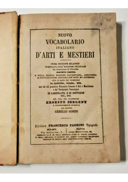 NUOVO VOCABOLARIO ITALIANO D'ARTI E MESTIERI Ernesto Sergent 1870 libro antico