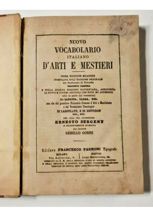 NUOVO VOCABOLARIO ITALIANO D'ARTI E MESTIERI Ernesto Sergent 1870 libro  antico