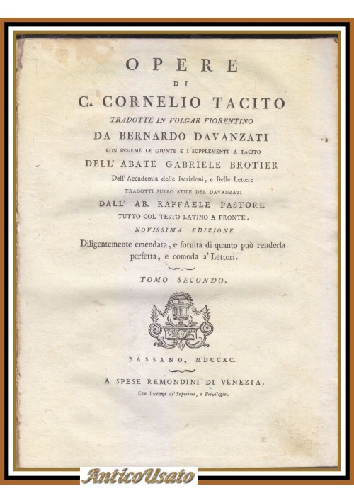 OPERE DI CORNELIO TACITO tomo 2 tradotte da Davanzati 1790 Remondini libro antic