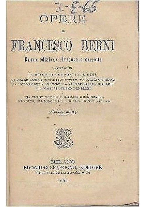 OPERE DI FRANCESCO BERNI - 1877 Sonzogno