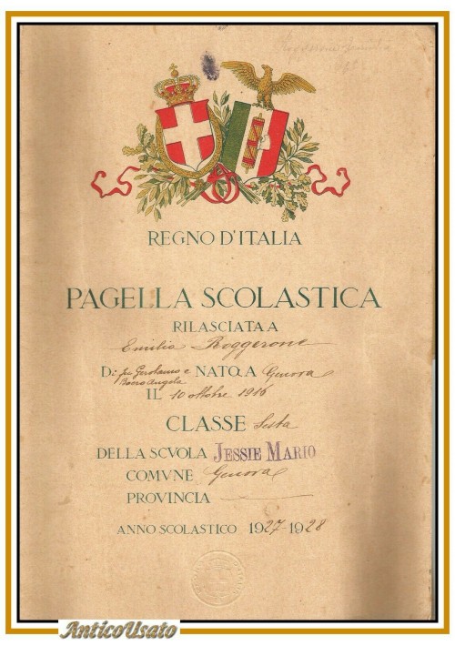 PAGELLA SCOLASTICA Regno d'Italia 1927 1928 Fascismo vintage scuole elementari
