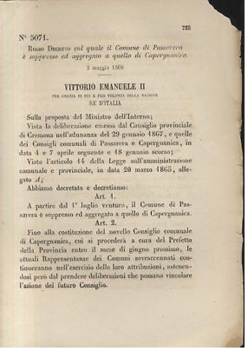 PASSARERA CAPERGNANICA - REGIO DECRETO - 1869  CREMONA