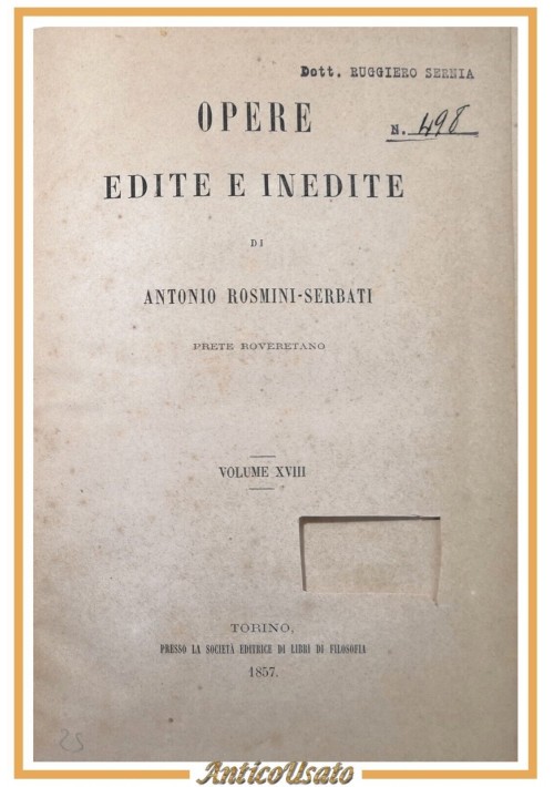 ESAURITO - PEDAGOGIA E METODOLOGIA di Antonio Rosmini Serbati 1857 Libro Antico Opere Edite