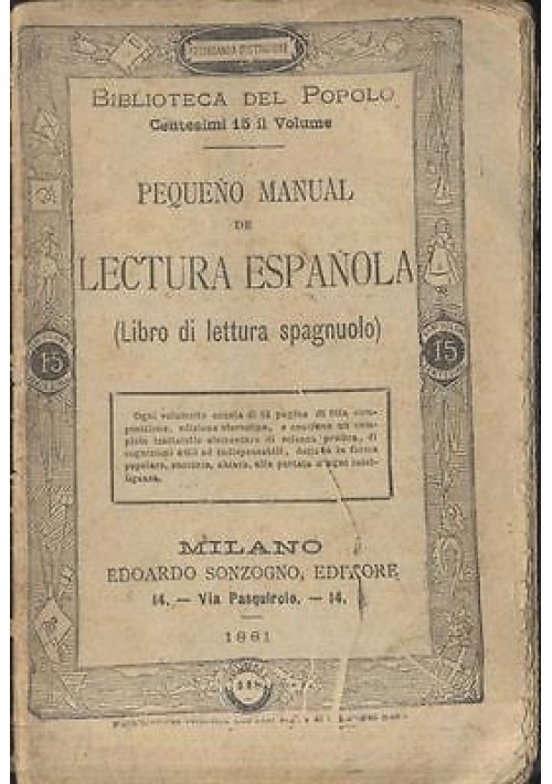 PEQUENO MANUAL DE LECTURA ESPANOLA (Libro di lettura spagnuola) 1881 Sonzogno