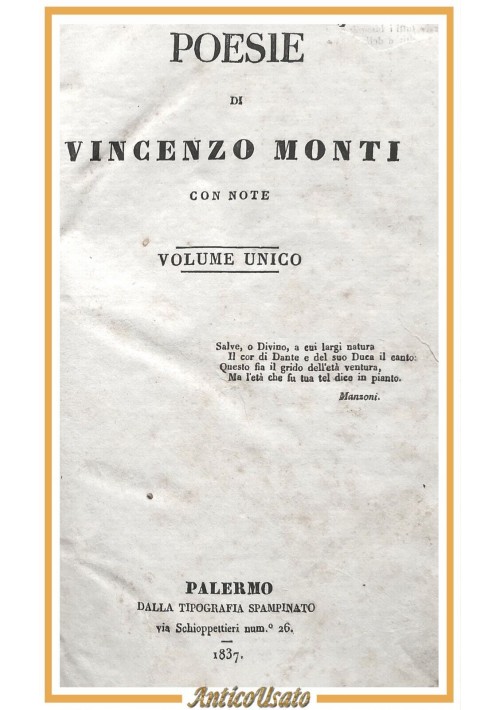 POESIE di Vincenzo Monti con note 1837 Tipografi Spampinato libro antico Palermo