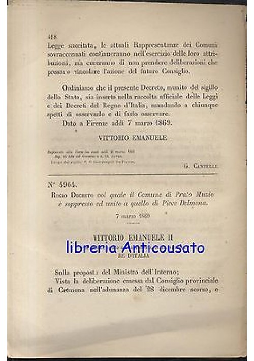 PRATO MUZIO  SOPPRESSO E AGGREGATO A PIEVE DELMONA - REGIO DECRETO 1869