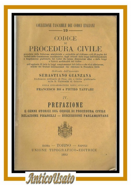 PREFAZIONE CODICE PROCEDURA CIVILE di Gianzana 1889 Libro Antico Diritto UTET