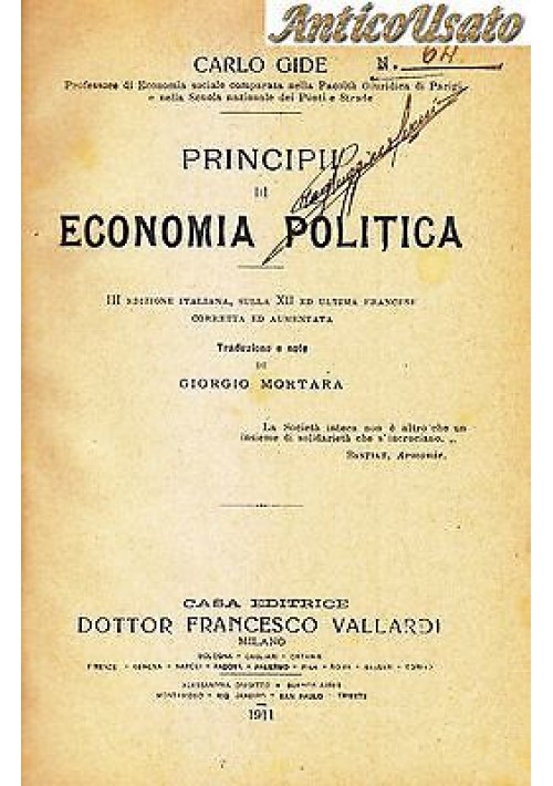 PRINCIPII DI ECONOMIA POLITICA di Carlo Gide 1911 Casa editrice Vallardi 