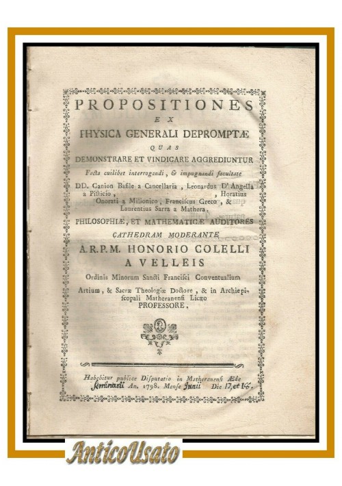 PROPOSITIONES EX PHYSICA GENERALI 1798 Matera libro opuscolo antico Vallata 