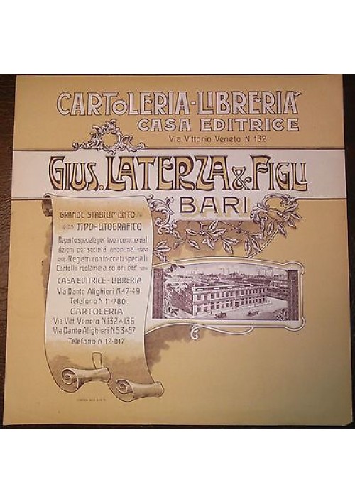 PUBBLICITA’ CARTOLERIA LIBRERIA LATERZA ANNI ‘20 ORIGINALE BARI