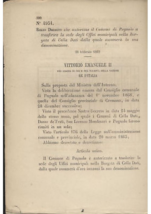 PUGNOLO - REGIO DECRETO 1869  - BORGATA DI CELLA DATI