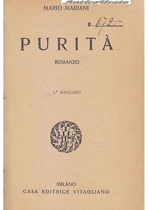 PURITÀ  romanzo di Mario Mariani 1923  Casa Editrice Vitagliano 