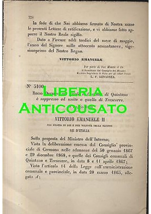 QUINTANO SOPPRESSO UNITO TRESCORRE - REGIO DECRETO 1869 -  originale d'epoca