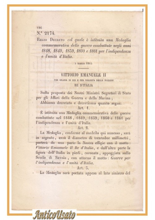 REGIO DECRETO 1863 Medaglia commemorativa guerre d'indipendenza e unità d'Italia
