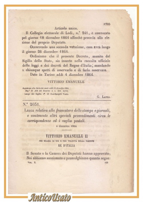 REGIO DECRETO 1864 Affrancatura stampe giornali corrispondenze vaglia postali