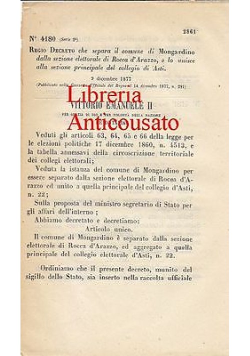 REGIO DECRETO SEPARAZIONE SEZIONE ELETTORALE  MONGARDINO DA ROCCA D'ARAZZO 1877