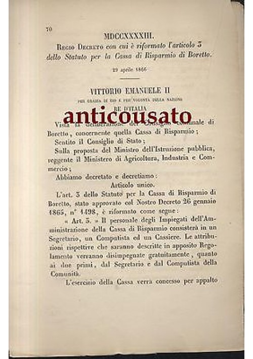 REGIO DECRETO STATUTO CASSA DI RISPARMIO BORETTO 26 APRILE 1866 ORIGINALE 