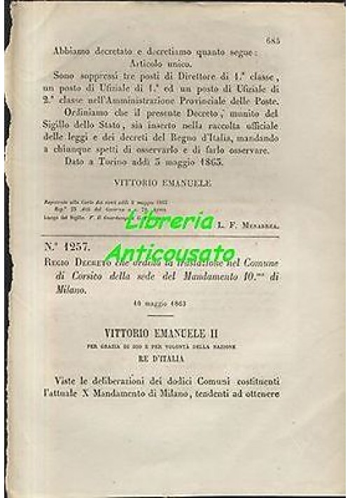 REGIO DECRETO TRASLAZIONE IN CORSICO 10mo MANDAMENTO MILANO 10 maggio  1863 